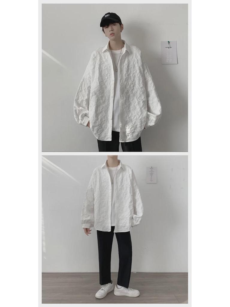 Мужская белая рубашка Harajuku с длинным рукавом — модная японская мода, свободный повседневный крой с принтом в виде пены.
