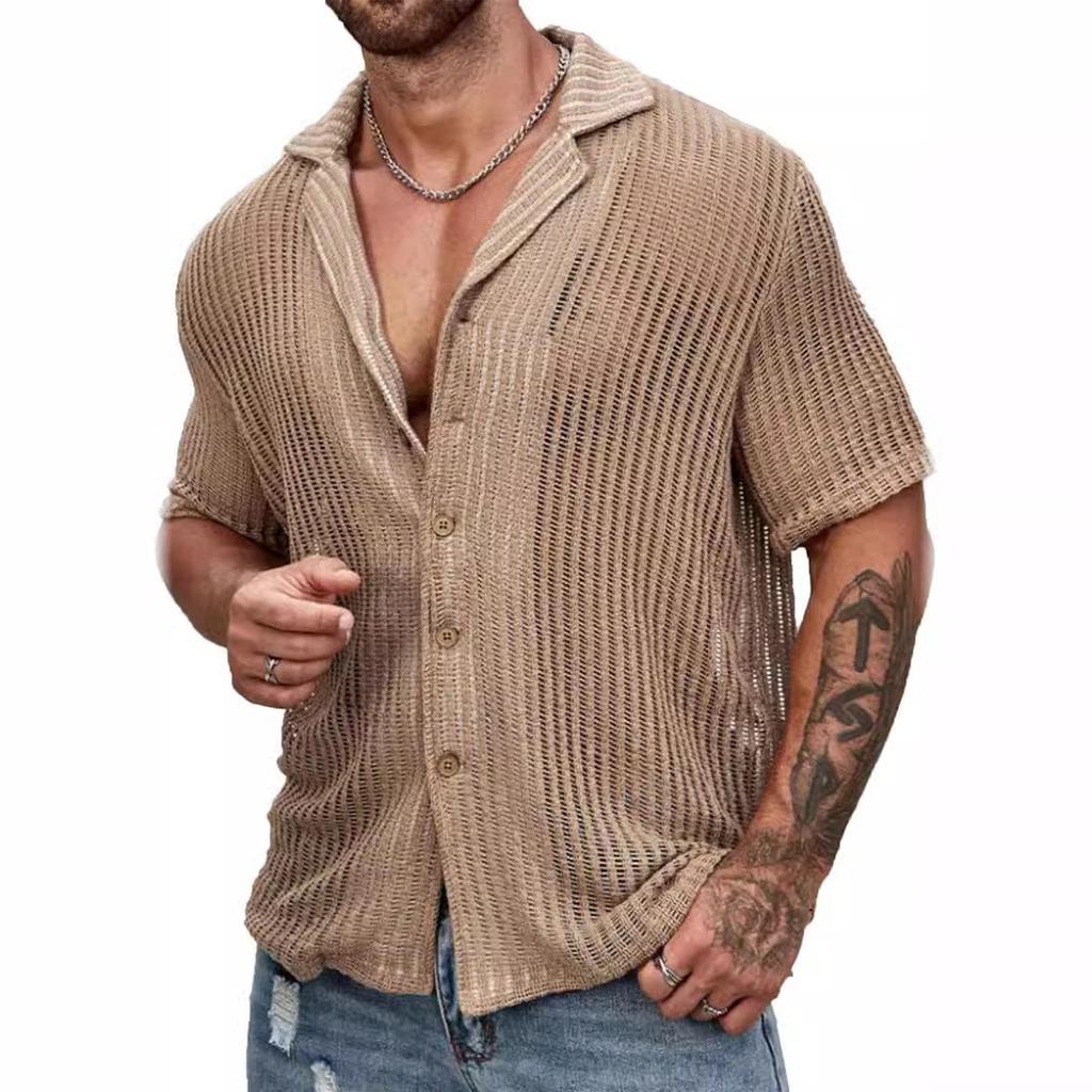 European And American Men'S Summer Cool Shirt Men'S Casual Knitted Sweater Hollow Breathable Short Sleeve Lapel Fashion Men'S Clothing
