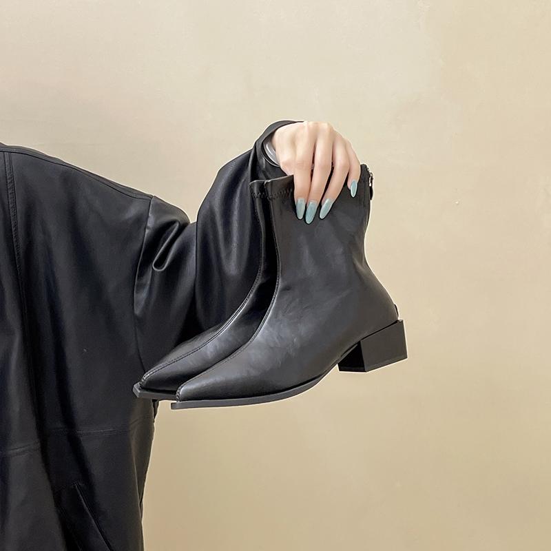 Весенне-осенняя мода Женские короткие ботильоны с острым носком и толстым каблуком Обувь Botas De Mujer