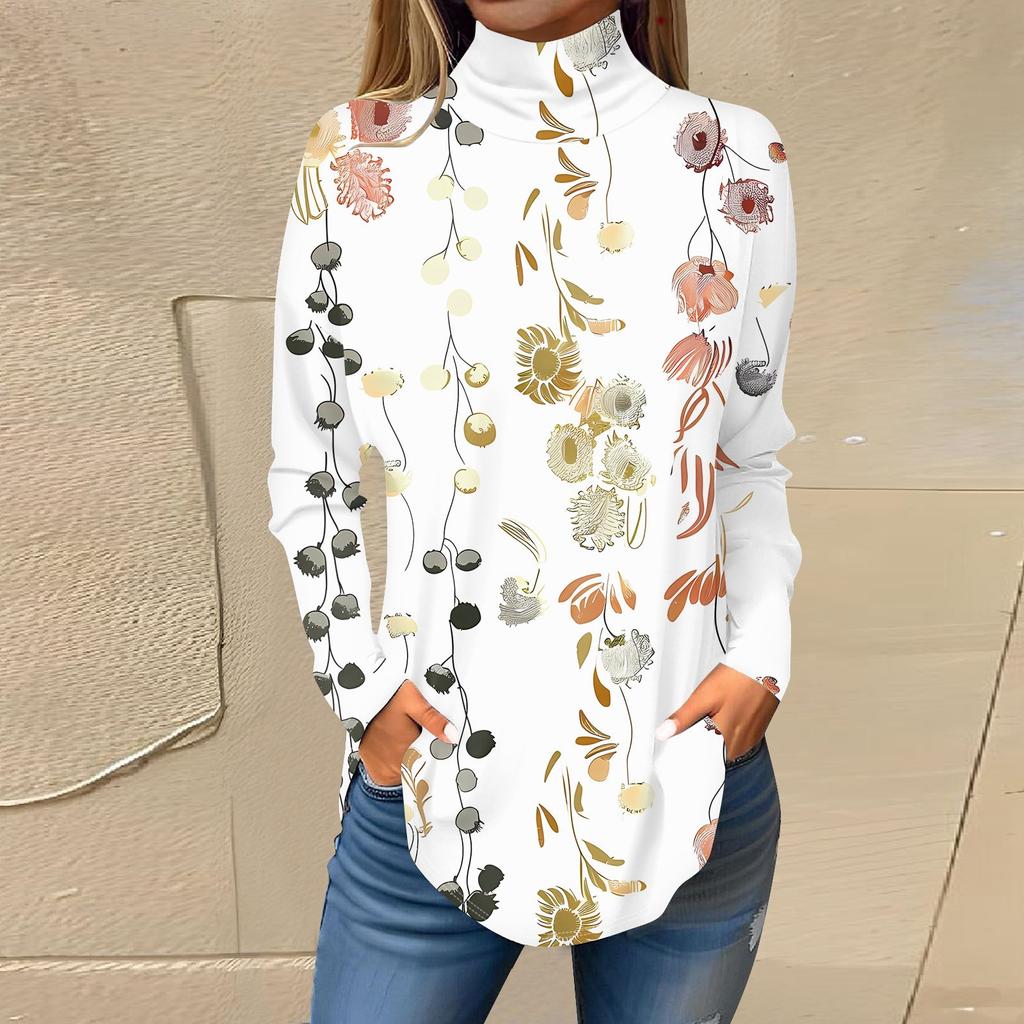 Женская модная повседневная футболка с длинным рукавом с высоким воротом и принтом, пуловер, топ