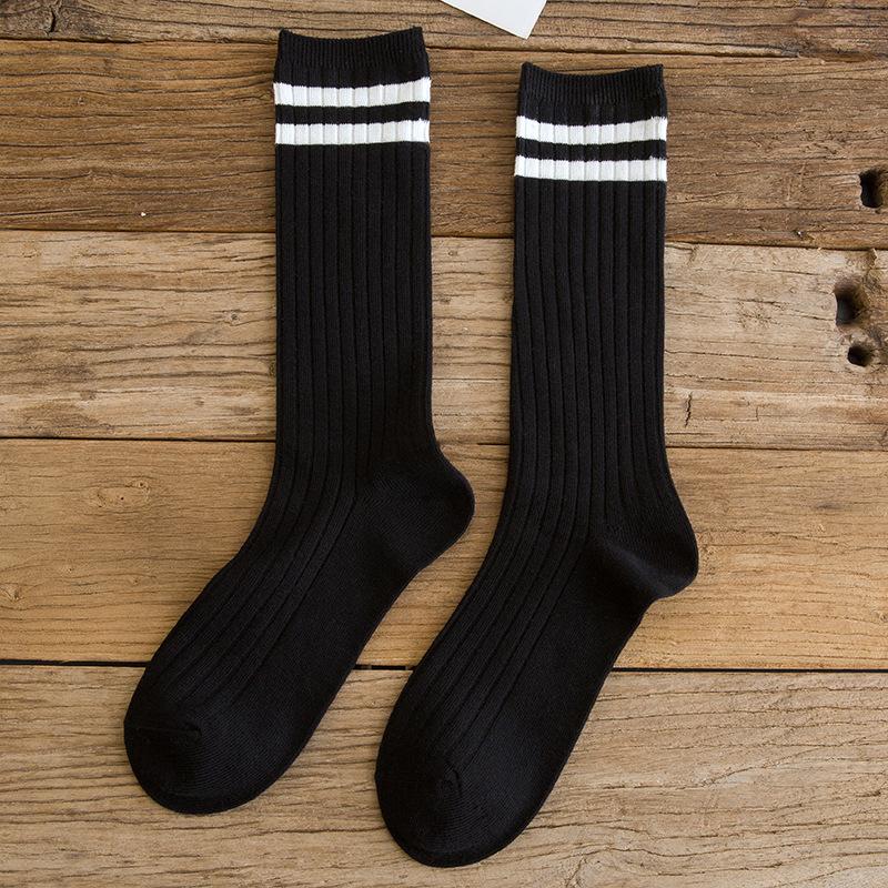 College Style Striped Women Socks Solid Black White Long Sock for Women Japanese Cute Vintage Stockings