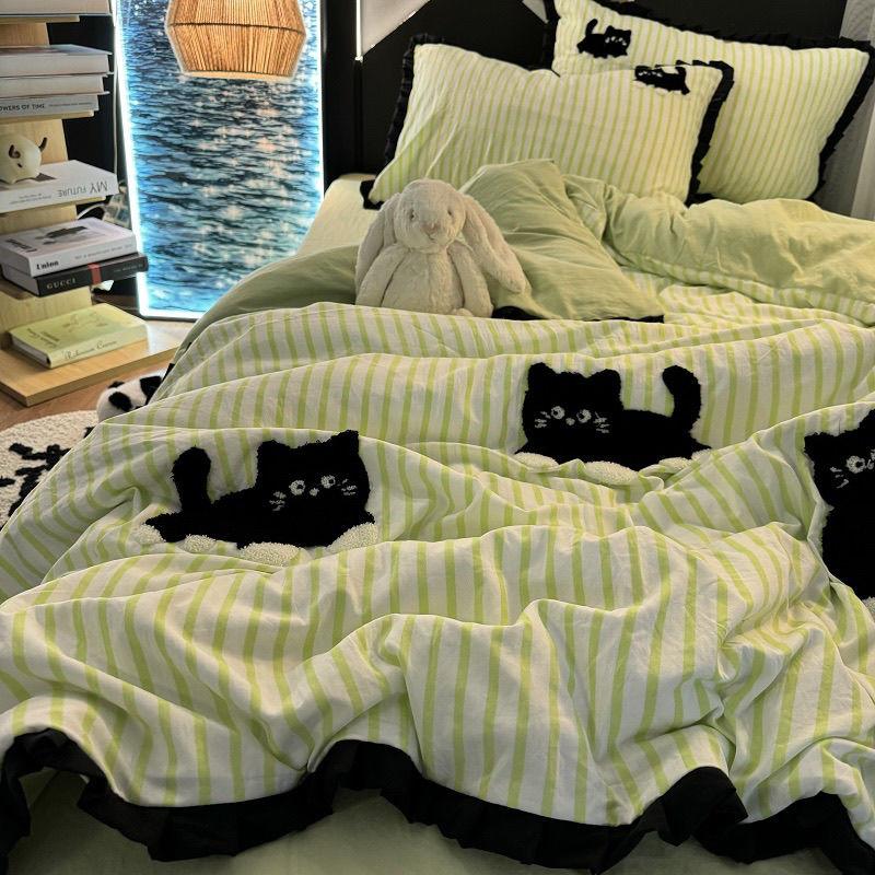 Pink Striped Cat Embroidery Bedding Set Korean Style Washing Cotton Cute Cardboard Duvet Cover Bed Sheet Pillowcases 3/4pcs