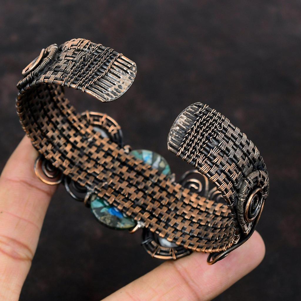 Медный азурит-малахитовый браслет-манжета Браслет из медной проволоки Регулируемый браслет-манжета Браслет из лунного камня Изысканные ювелирные изделия ручной работы из драгоценных камней