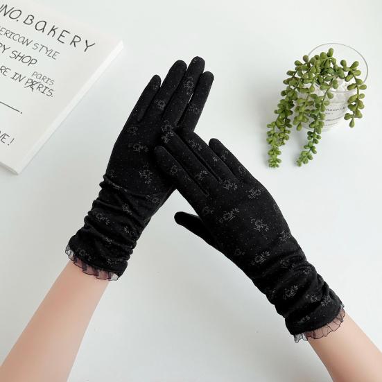 1 Pair Floral Print Anti-slip Palm Driving Gloves Full Finger Lace Stitching Wrist Extended Girls Outdoor Riding Sunscreen Mittens Cycling Accessories