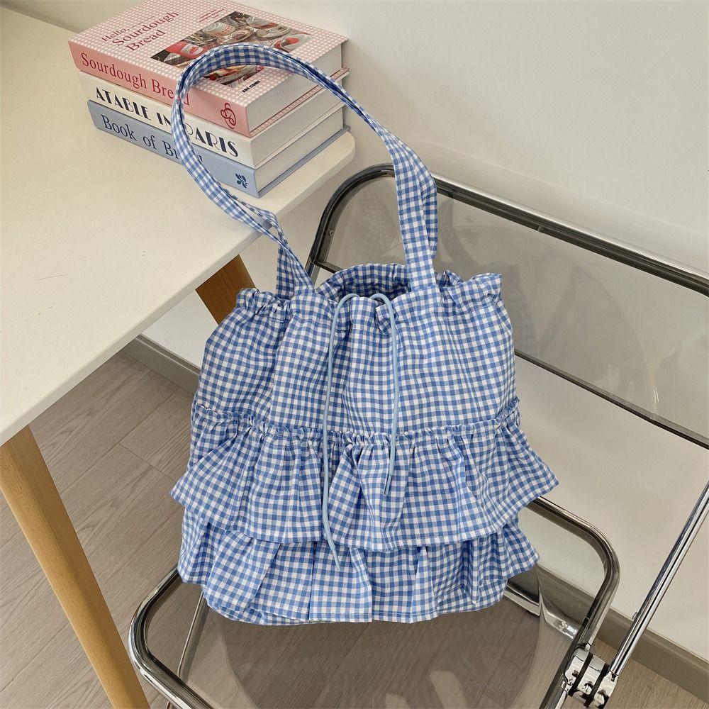 Sweet Canvas Plaid Bag College Style Cute Ruched Handbag Casual Ruffle Shoulder Bag  Travel