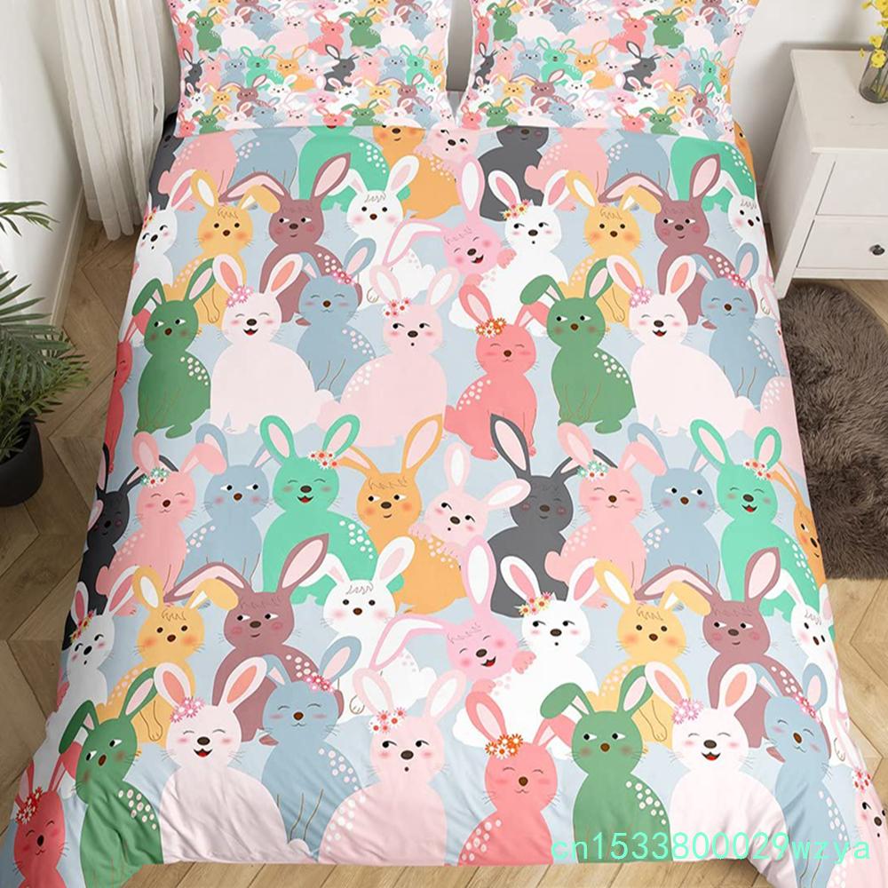 Cartoon Rabbit Duvet Cover Twin Cute Animal On The Moon Quilt Cover Microfiber Cloud Galaxy Space Bedding Set For Boy Girl Gift