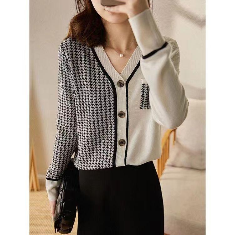 Темпераментные топы, французская винтажная куртка, весенне-осенний вязаный кардиган, асимметричный свитер в клетку с v-образным вырезом в клетку чиби