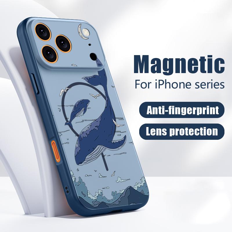 Чехол с узором Акула и Кит для iPhone 17 Pro Max Магнитный Для Magsafe Гибридный Тонкий Матовый Чехол Для iPhone 16 15 14 13 Pro Max