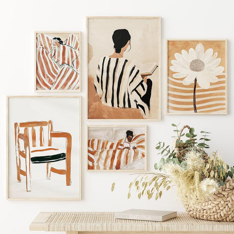 Полосатая девушка Книжная ваза Цветочное настенное искусство Холст Живопись Абстрактные постеры и принты Настенные картины для декора гостиной в отеле/баре