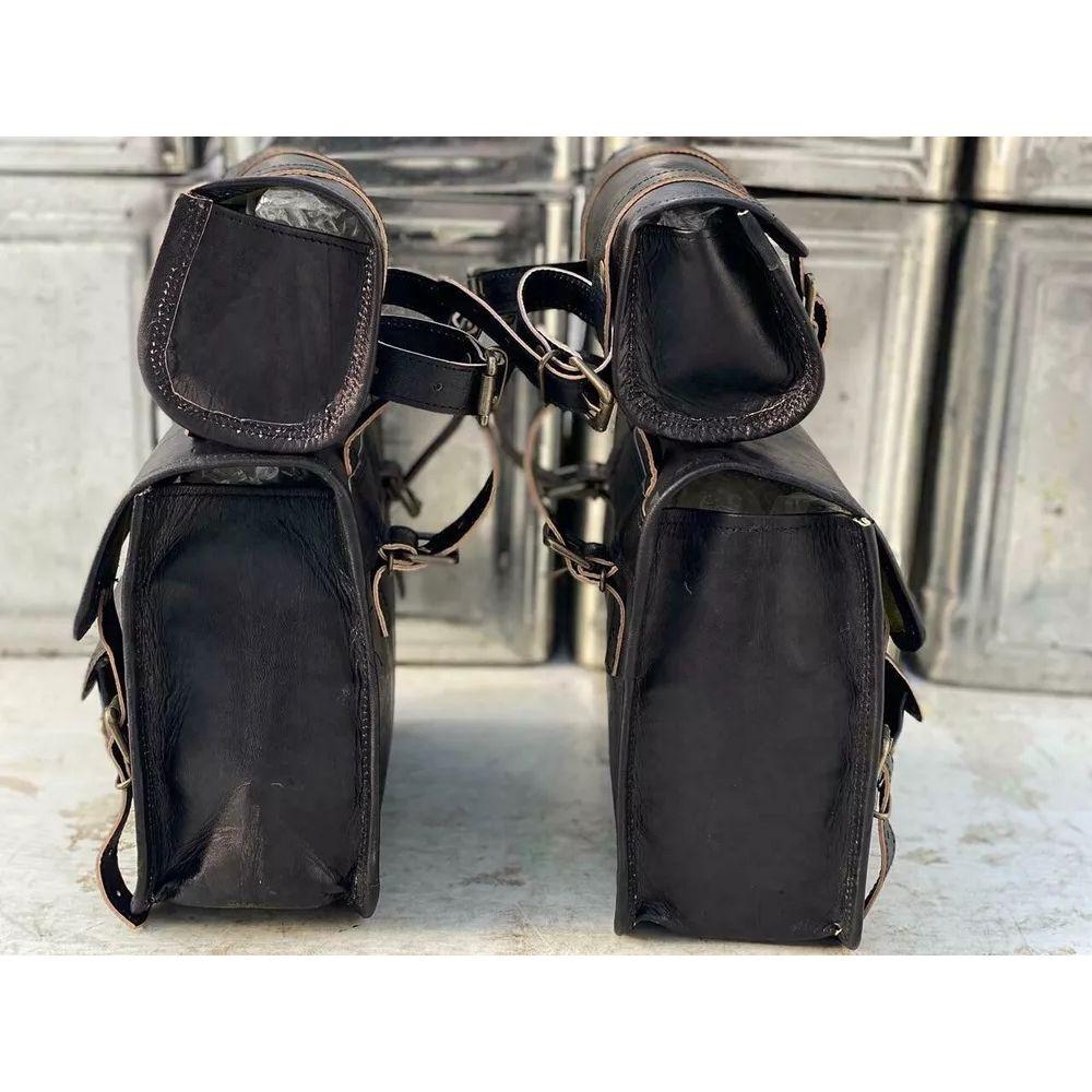 Leather Motorcycle Saddle Bags 4 Black Leather Side Pouch Panniers 4 Bags Combo