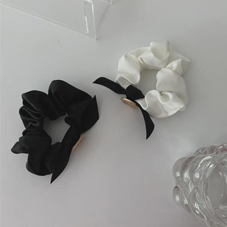 Textured Black & White Bow Hair Ring - Large Korean Style with Satin, Pearl, & Simple Design