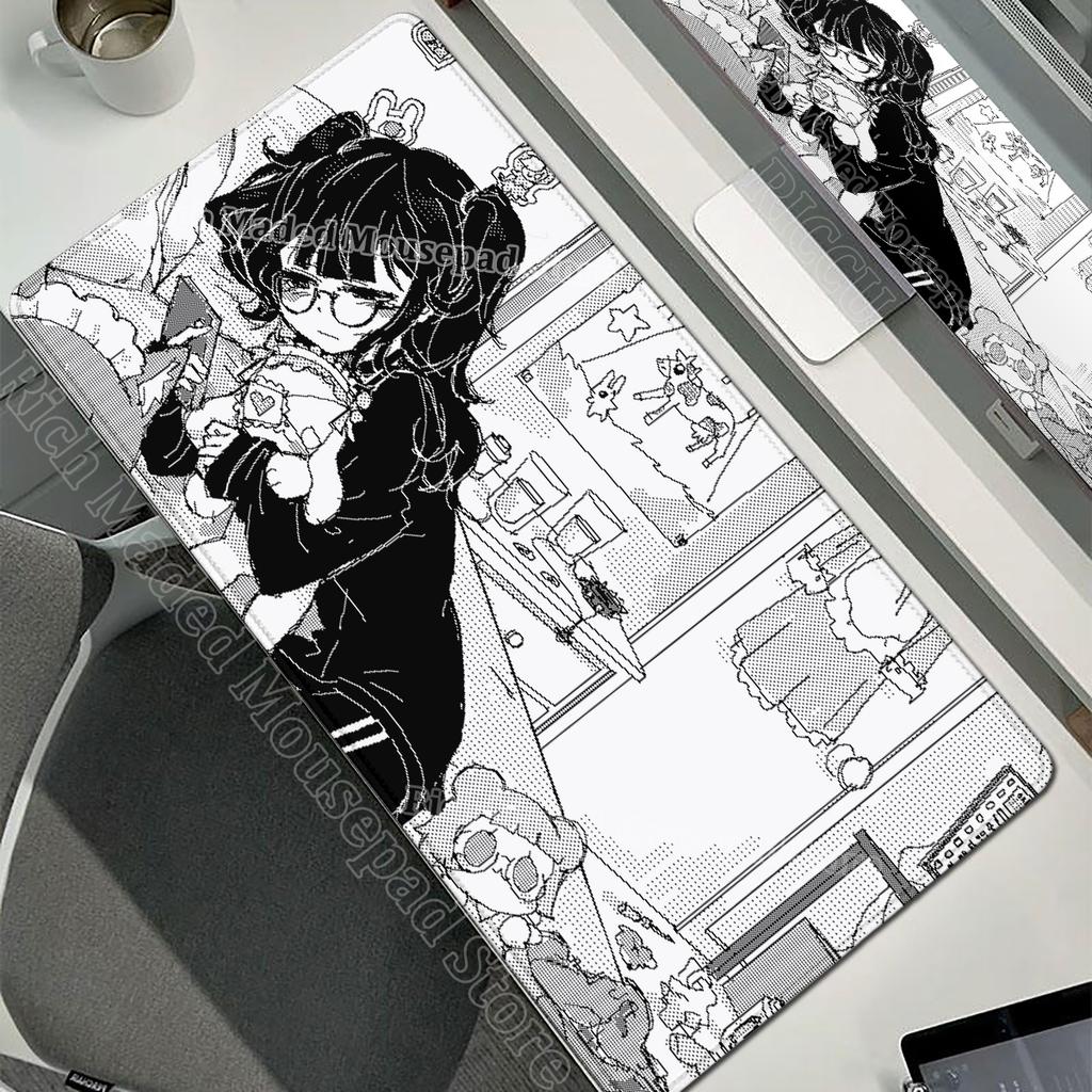 Black White Anime Girl Mouse Pad Large Gaming Non-Slip Mousepad Keyboard Pad Laptop Computer DeskMat Lock Edge Y2K Mouse Carpet
