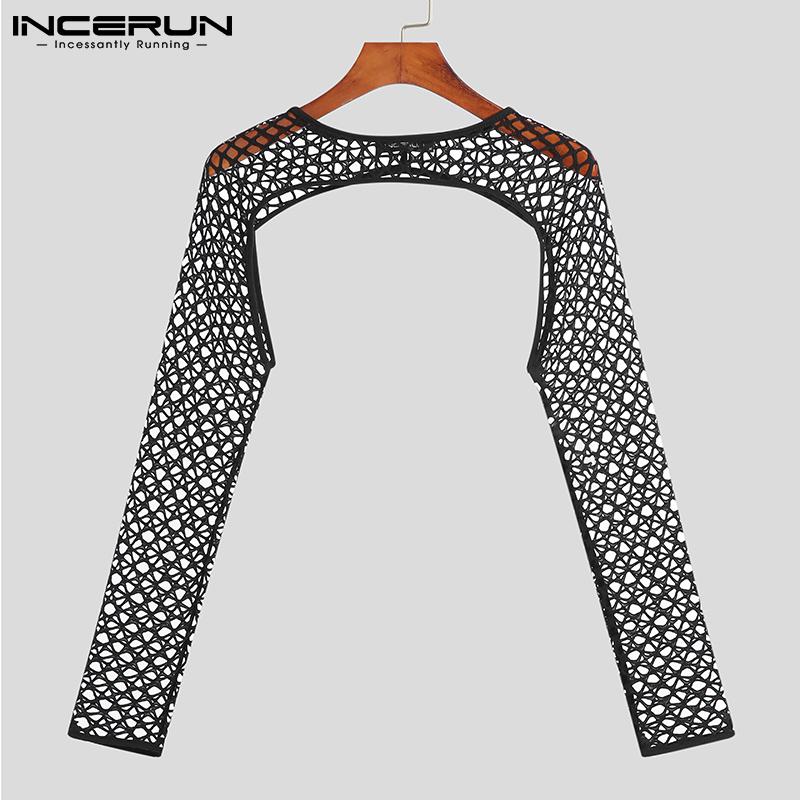 INCERUN S-5XL Summer Mens Fashion Long Sleeved Bare-midriff Tops Sleeveless O-neck Undershirt Mesh See-through Shirts Black Clubwear
