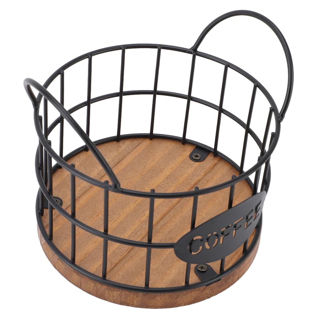 Coffee Pod Basket Round Iron Wire Storage Basket Large Capacity Coffee Capsule Holder with Wooden Ba