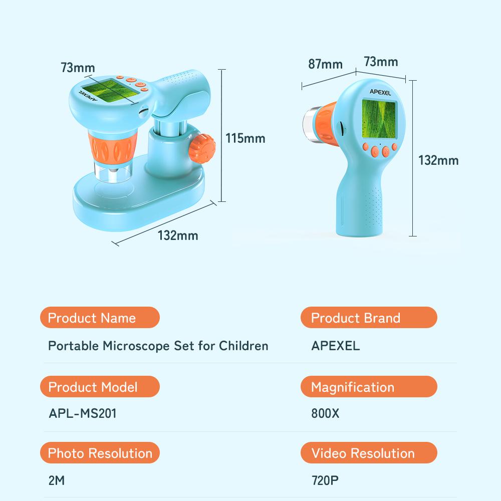 APEXEL APL-MS201 Детский портативный цифровой микроскоп с камерой 2 МП фото 720P видео 2,0 дюйма IPS