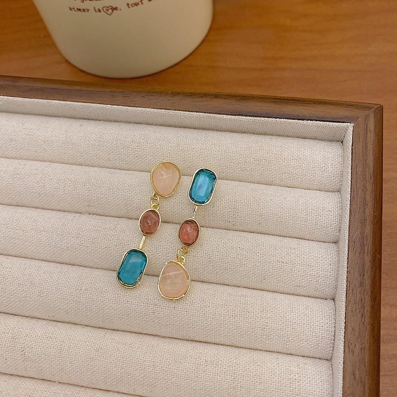 Three Color Square Rhinestones Drop Earrings for Women Korean Sweet Acrylic Beads Dangle Earrings Party Trendy Jewelry