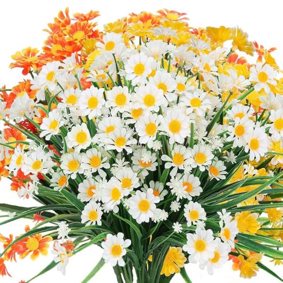 2 шт. искусственных ромашек, букет, устойчивые к погодным условиям, искусственные растения, искусственная зелень, искусственные ромашки для внутреннего, наружного, садового, крыльца, свадебного декора