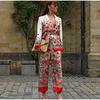 Костюмы с цветочным принтом и брюками для женщин, ретро-блейзеры с цветочным принтом, офисные женские пиджаки со шнуровкой, пальто и свободные брюки