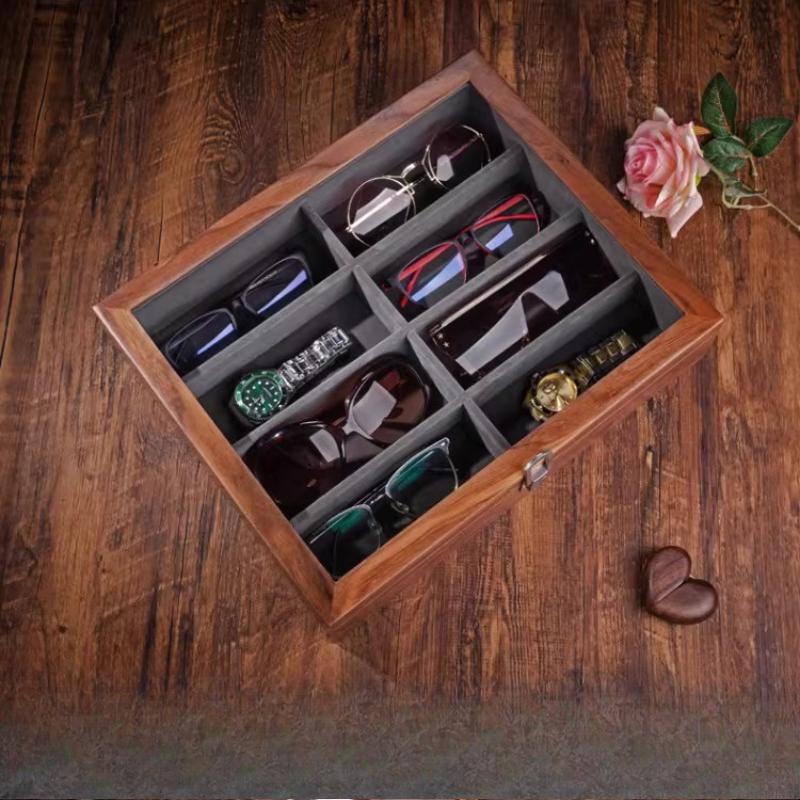 Деревянный футляр для очков из грецкого ореха, вместительный бокс для хранения солнцезащитных очков и часов с прозрачным окном для путешествий и дома