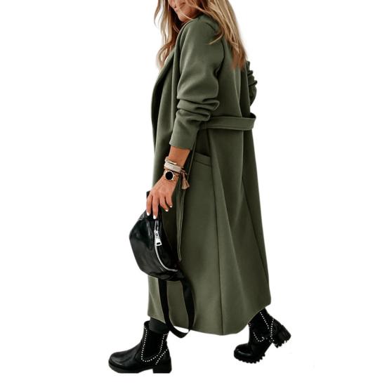 Зимнее шерстяное женское пальто с поясом на шнуровке, свободное однотонное пальто с отложным воротником, кардиган с длинными рукавами, средней длины, куртка для свиданий и поездок на работу