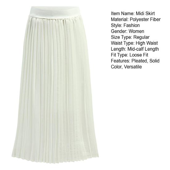 Women Pleated Midi Skirt Elastic High Waist Solid Color Smooth Outline Skirt Slimming Midi Skirt Daily Wear