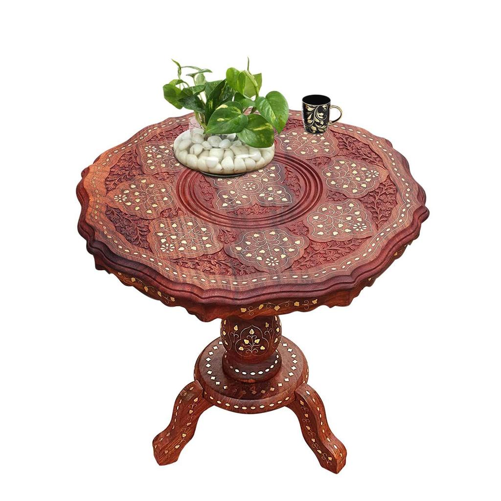 Sheesham Wooden Side Table with Brass Carving – 21x21 Inch Round Coffee Table, Handcrafted Living Room & Outdoor Accent Table