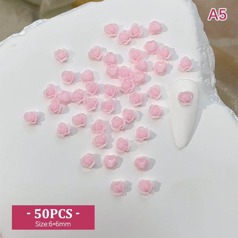 50Pcs Heart Rose Nail Art Decorations Resin Soft Carving Flower Nail Drills Mixed Size Vintage Nail Accessories