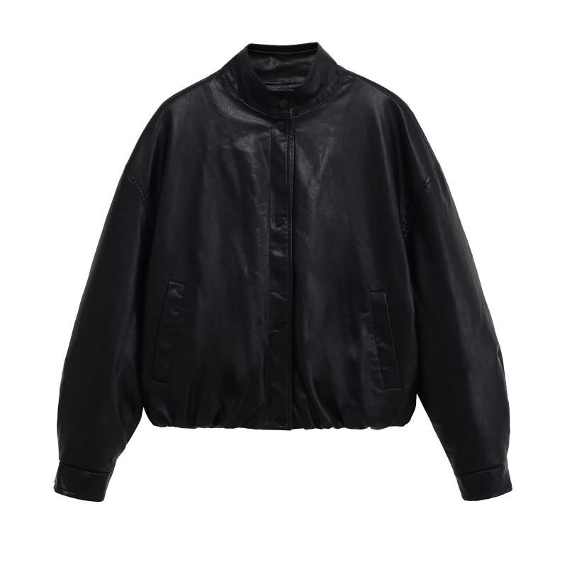 Fashion Simple Stand Collar Faux Leather Bomber Jacket Womens Casual Cotton Padded Coat