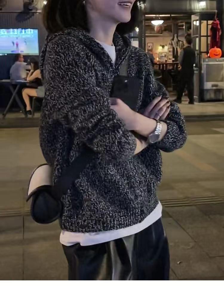 Women's High-End Speckled Grey Cashmere Knit Hooded Cardigan - Loose, Short Zip-Up Jacket for Autumn & Winter
