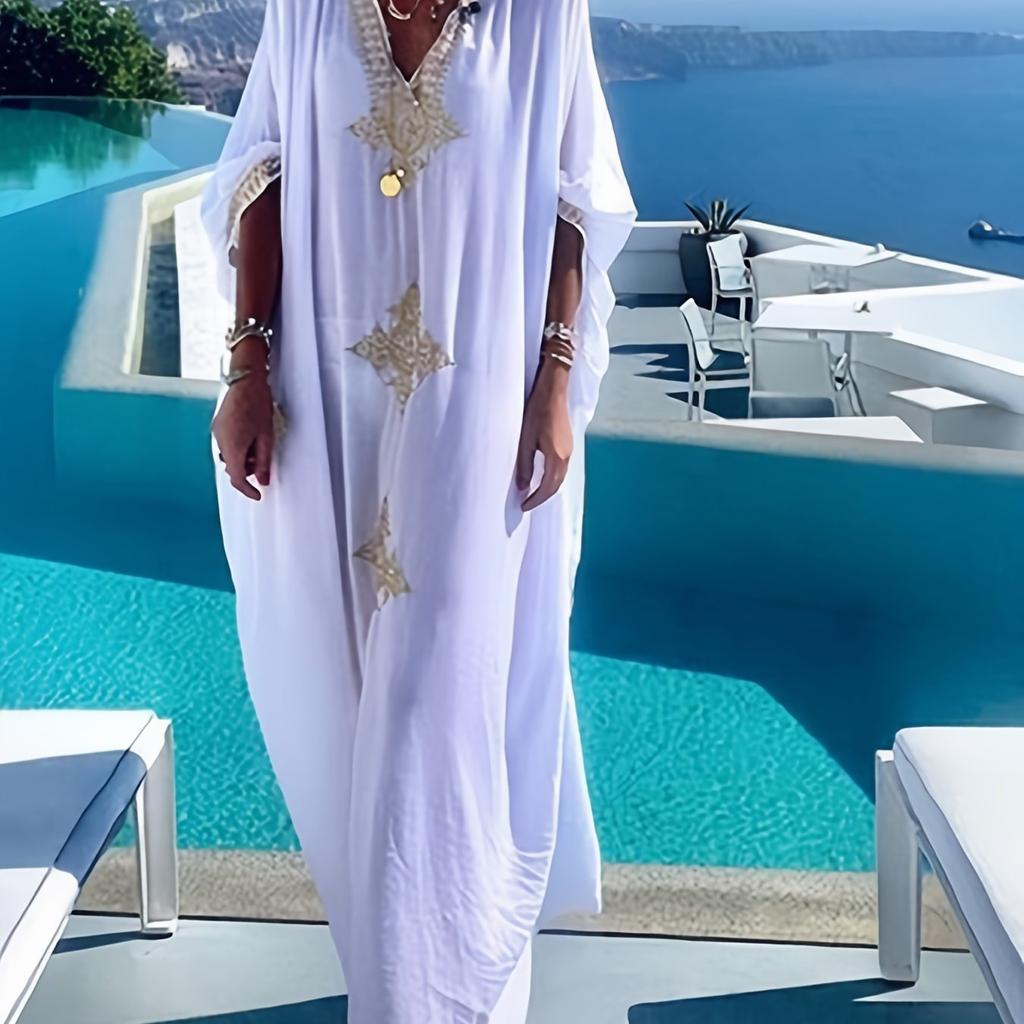 Новый Элегантный Кафтан с Детальной Вышивкой, V-образным Вырезом, Свободного Кроя, Бохо, Пляжный, Белый, с Рукавами Летучая Мышь, Элегантная Солнцезащитная Пляжная Накидка, Женский Купальник