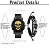 Skull Watch Bracelet for Rock Accessory Halloween Gift Men, 2-Piece Set, Punk, Skull, Leather, Strap, Analog, Waterproof, Black, Gothic, -