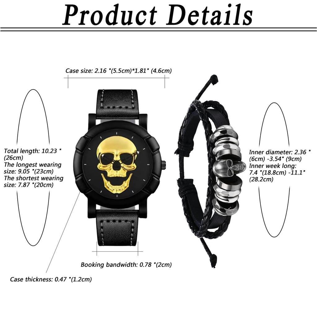 Skull Watch Bracelet for Rock Accessory Halloween Gift Men, 2-Piece Set, Punk, Skull, Leather, Strap, Analog, Waterproof, Black, Gothic, -