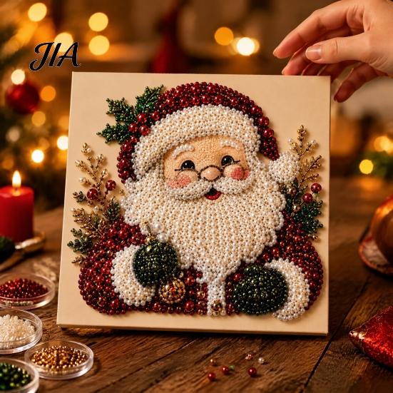 Art Therapy Projects DIY Christmas Pearl Painting Kit with Wooden Frame, Decorative Craft, Wreath/Santa Glowing Holiday Kits Claus/Xmas Tree/Stocking