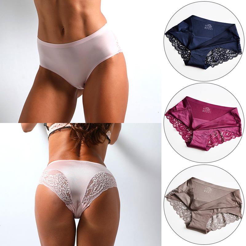 Women Triangle Briefs Underpants Lingerie Lace Breathable Ice Silk Panties Comfortable Solid Color