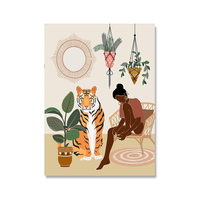 Рамка из цельного дерева Афро-Американский женский принт в стиле бохо Черная девушка Плакат Джунгли Леди Холст Картина Растение Animail Настенная картина Декор в гостиную