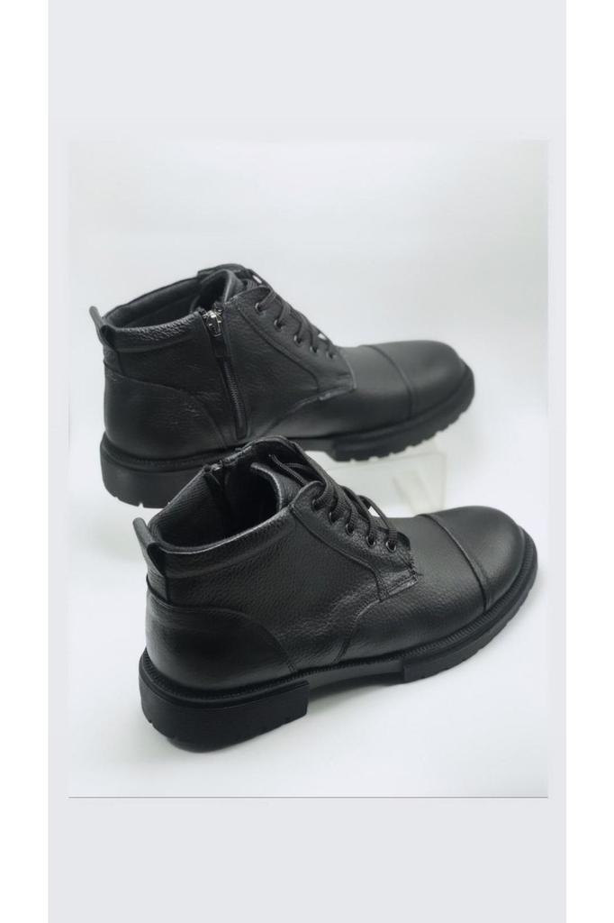 Men's Fashion Genuine Leather Flat Heeled Booties Black Zippered Winter Boots Shoes