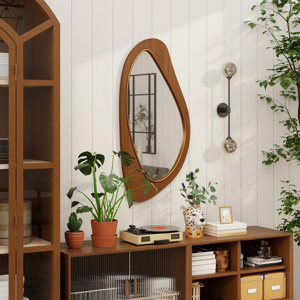 Wall Mirror Window Mirror with Pine Veneer Frame for Bedroom Living Room, 91.5 x 45 x 3 cm, Natural Wood