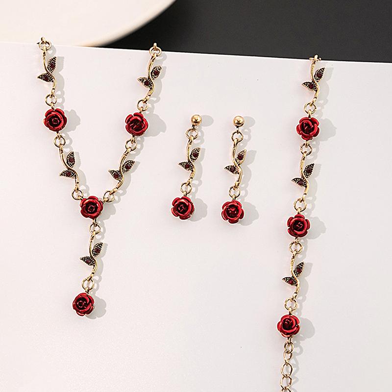 Luxurious Vintage Rose Flower Necklace Bracelet Earrings Set Elegant Women'S Party Jewelry Accessories Valentine'S Day Gift
