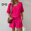 Женский повседневный наряд из 2 шт./компл., футболка с v-образным вырезом и короткими рукавами, эластичная резинка на талии, широкие шорты, комплект, сплошной цвет, тканевый наряд с морщинами