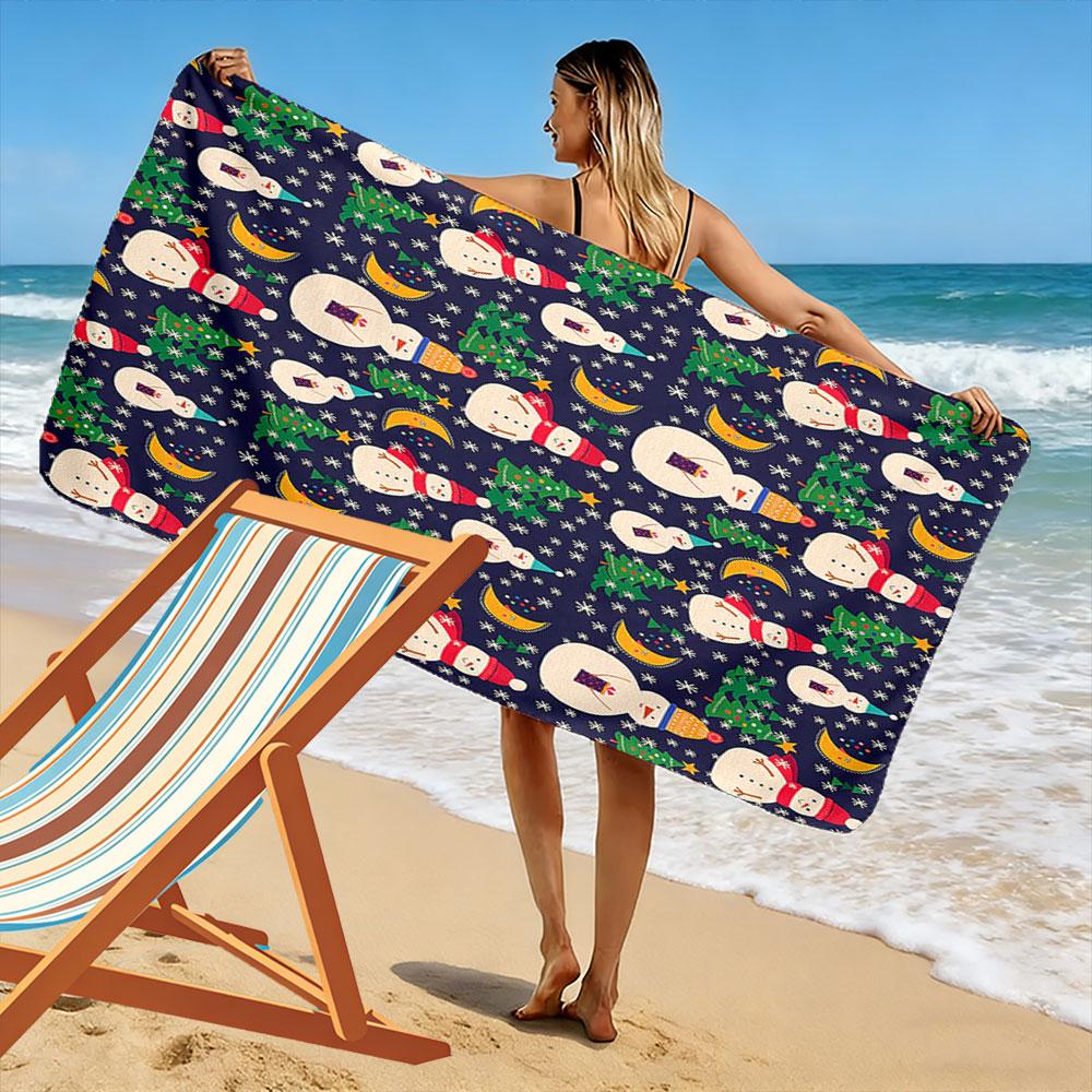 Whimsical snowman nightscape Print beach towel, quick drying, suitable for travel, outdoor sports, jogging, the beach and swimming, gift