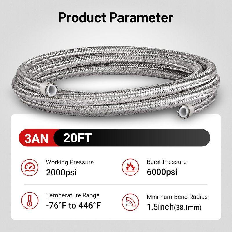 Комплект топливных шлангов AN3 PTFE 20 футов, оплетка из нержавеющей стали, устойчив к высоким температурам и давлению, для топливных систем