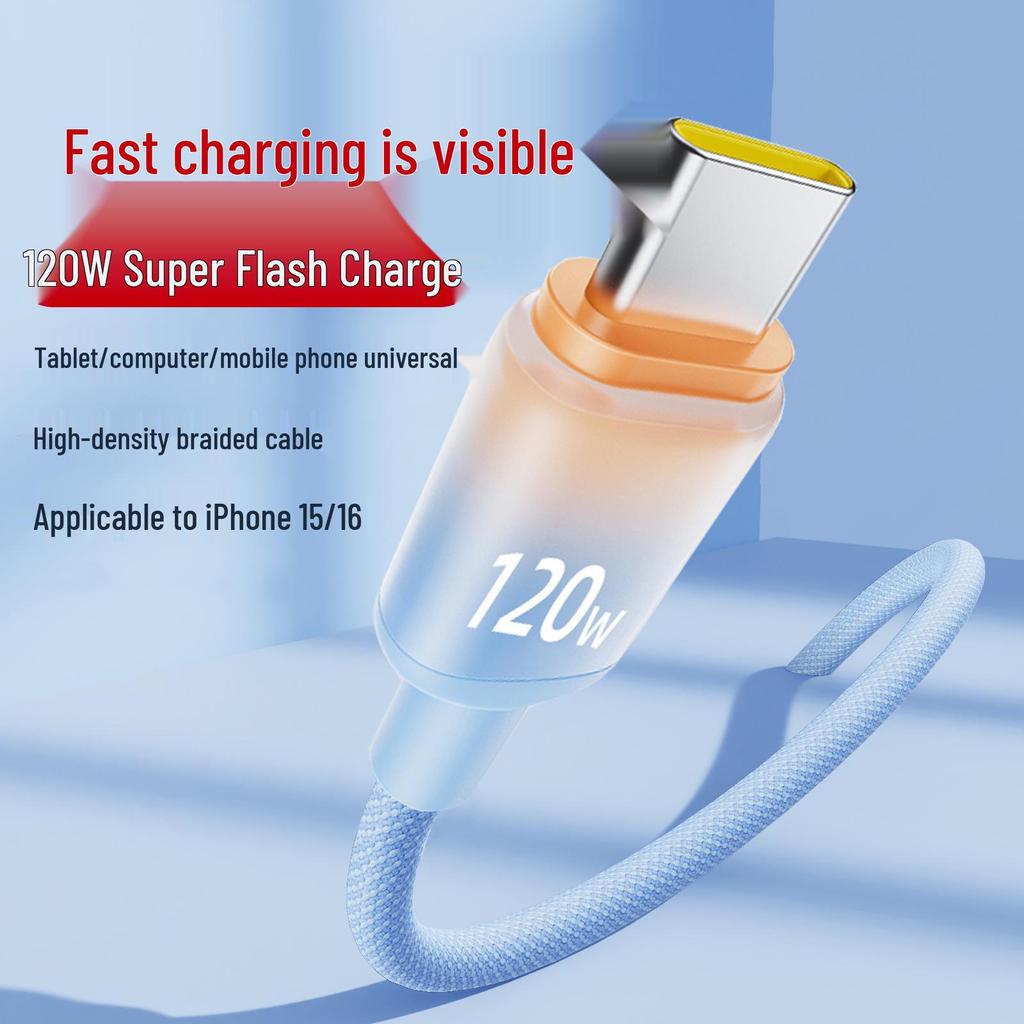 120W Super Flash Charge Type-C Data Cable, 6A Compatible with Apple 15/16, Huawei Honor for Car Charging