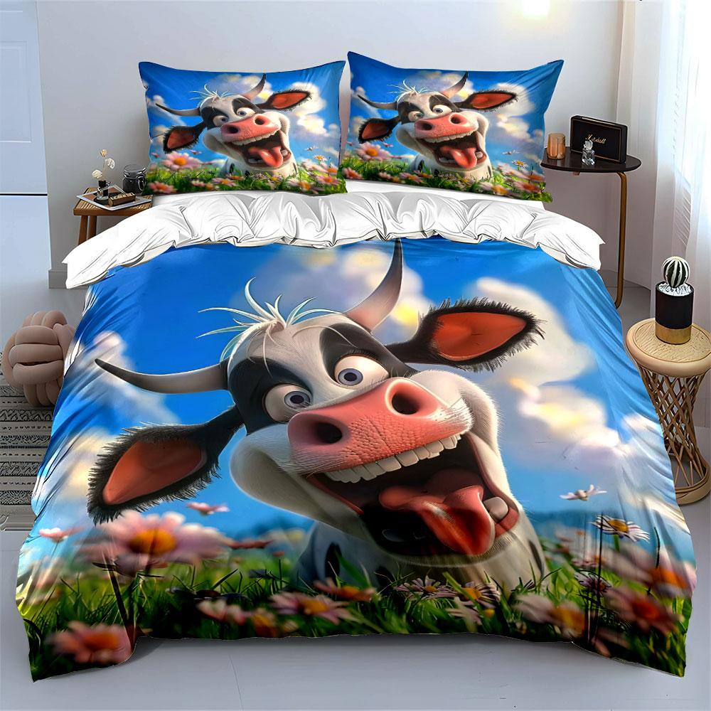 Cartoon Cow in Flower Field Bedding Duvet Cover Set (1*Duvet Cover 2*Pillowcases, without duvet insert)