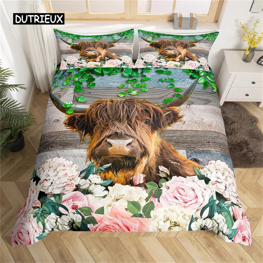 Пододеяльник Highland Cow Microfiber Western Farmhouse Animal Bedding Set Leopard Cow Skin Fur Floral Print Sheer Room