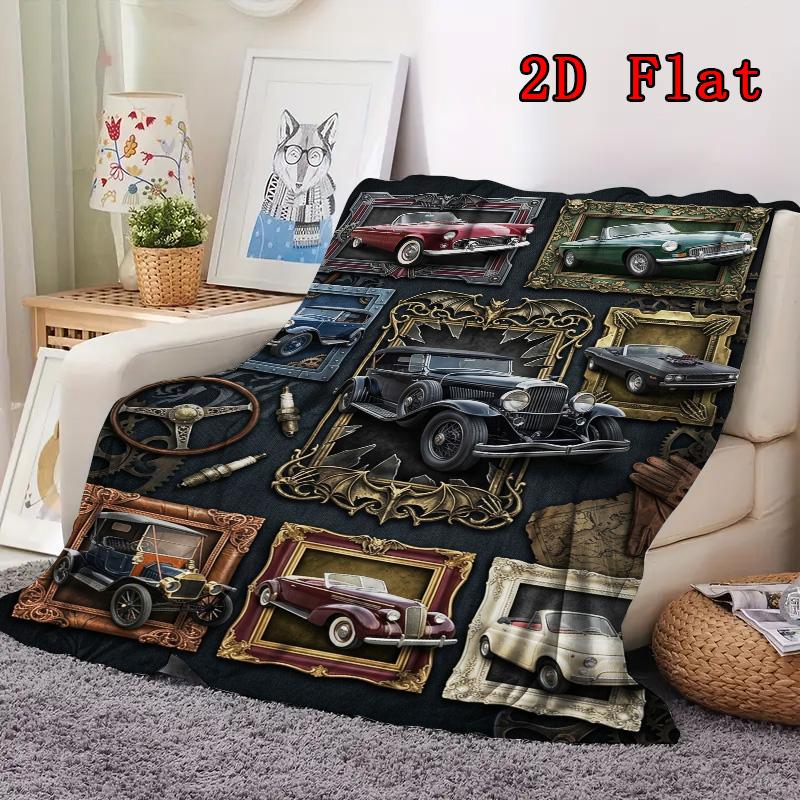 Vintage Car Art Rug 2D Flat Pattern Flannel Blanket, High quality All Seasons, Home Decor, Warmth and Comfort, Perfect for Christmas Gifts.