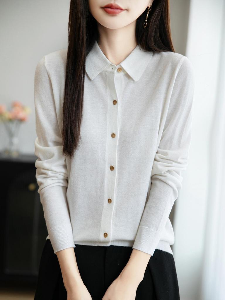 Женский вязаный кардиган на начало осени: Свитер-топ с воротником поло и длинными рукавами