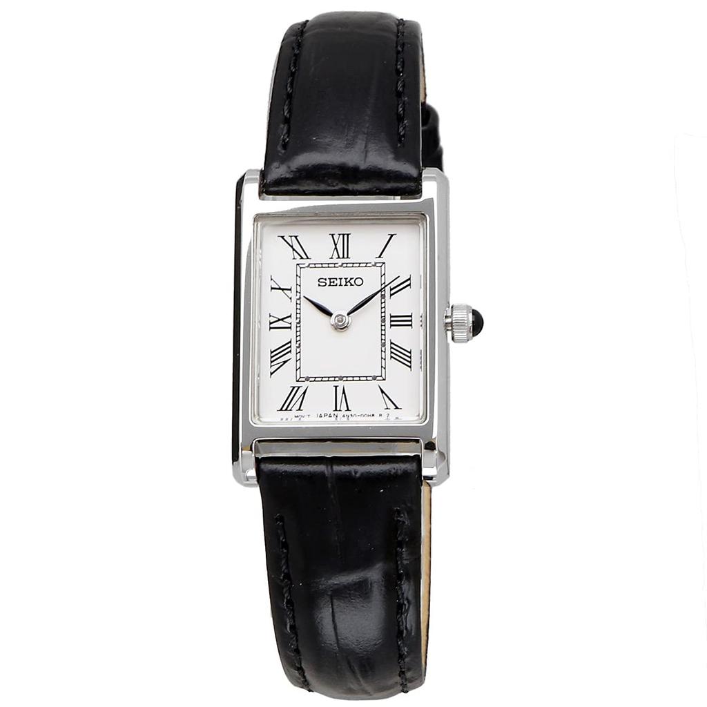 Seiko Женские кварцевые часы квадратной формы SWR053 Белый циферблат Черный кожаный ремешок
