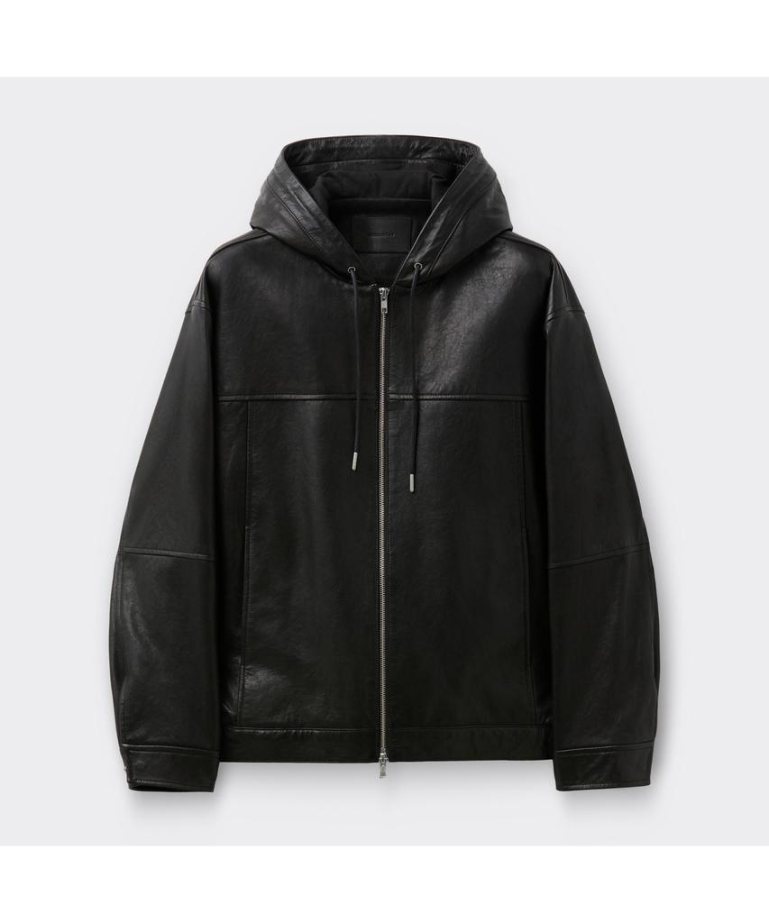 Customellow Black Leather Hood Jacket Cwuda26511Bkx
