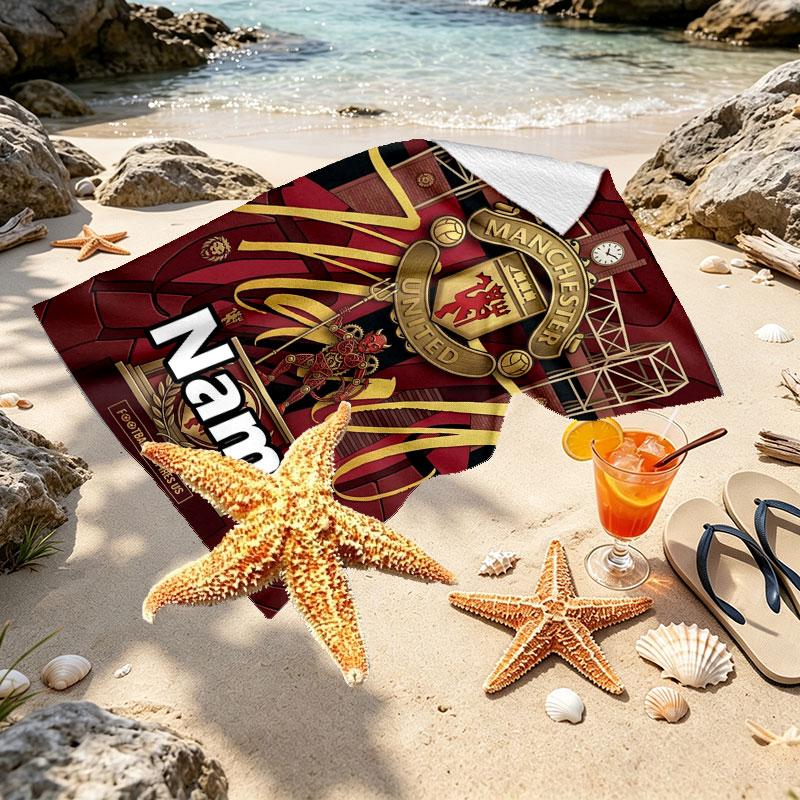 Custom Name Personalized Manchester United Print Beach Towel, for Trip Camping Beach Party Home Decor, Birthday Gift for Family & Friends
