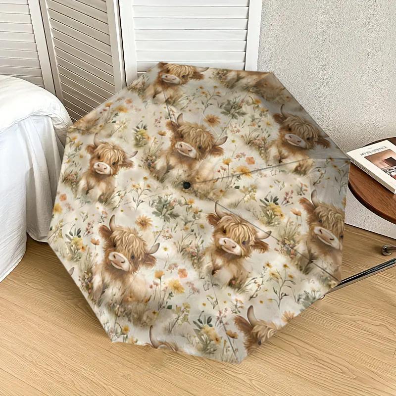 Highland Cow Floral Patterned Umbrella - Automatic Opening & Closing, Portable 3-Fold Design, 8-Bone Steel Frame, Outdoor, Festive Gift for